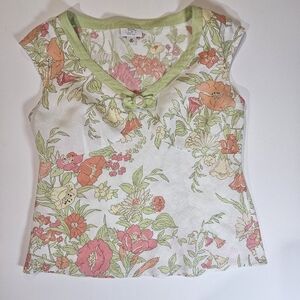Loft Blouse Womens‎ Size 10P White Green Pink Floral V-neck